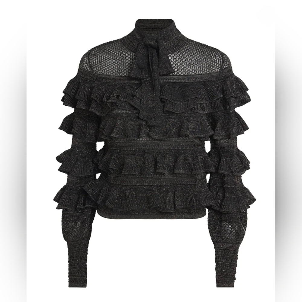 Zimmermann Womens Black Rebellion Frill Tie Neck Top Size 4 NWT $775